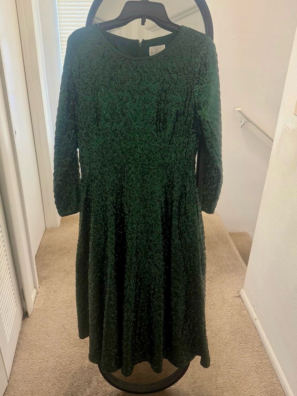 Dainty Jewells Dark Green Textured Midi Dress with Long Sleeves